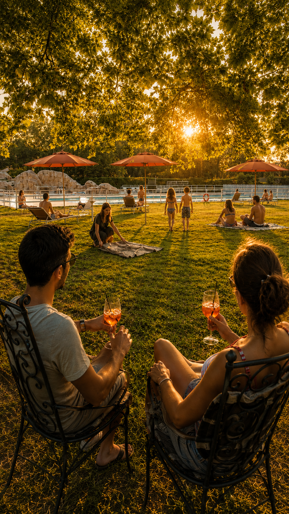 Aperitivo sul prato a bordo piscina al tramonto