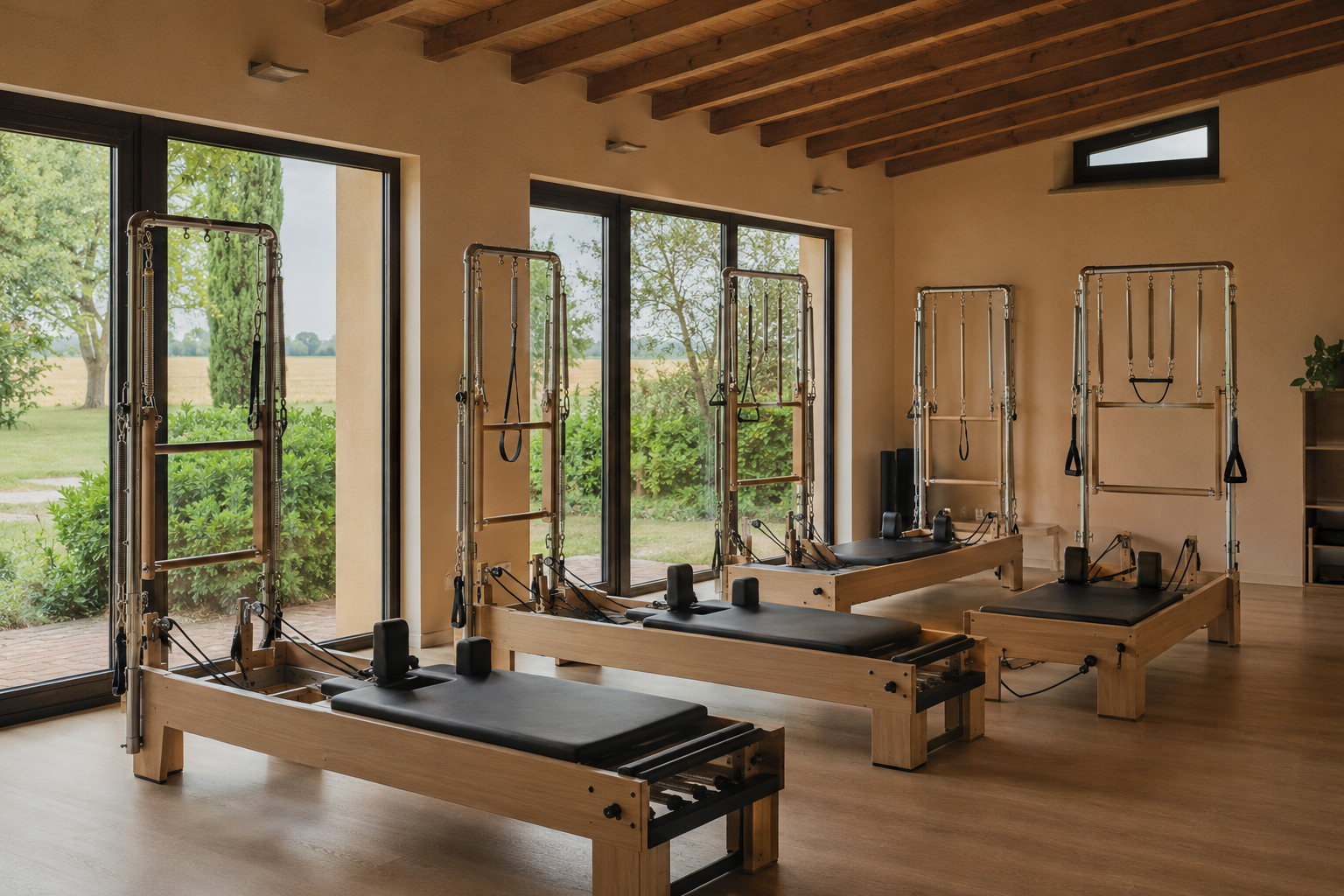 Sala Pilates, quattro macchinari Reformer e Tower