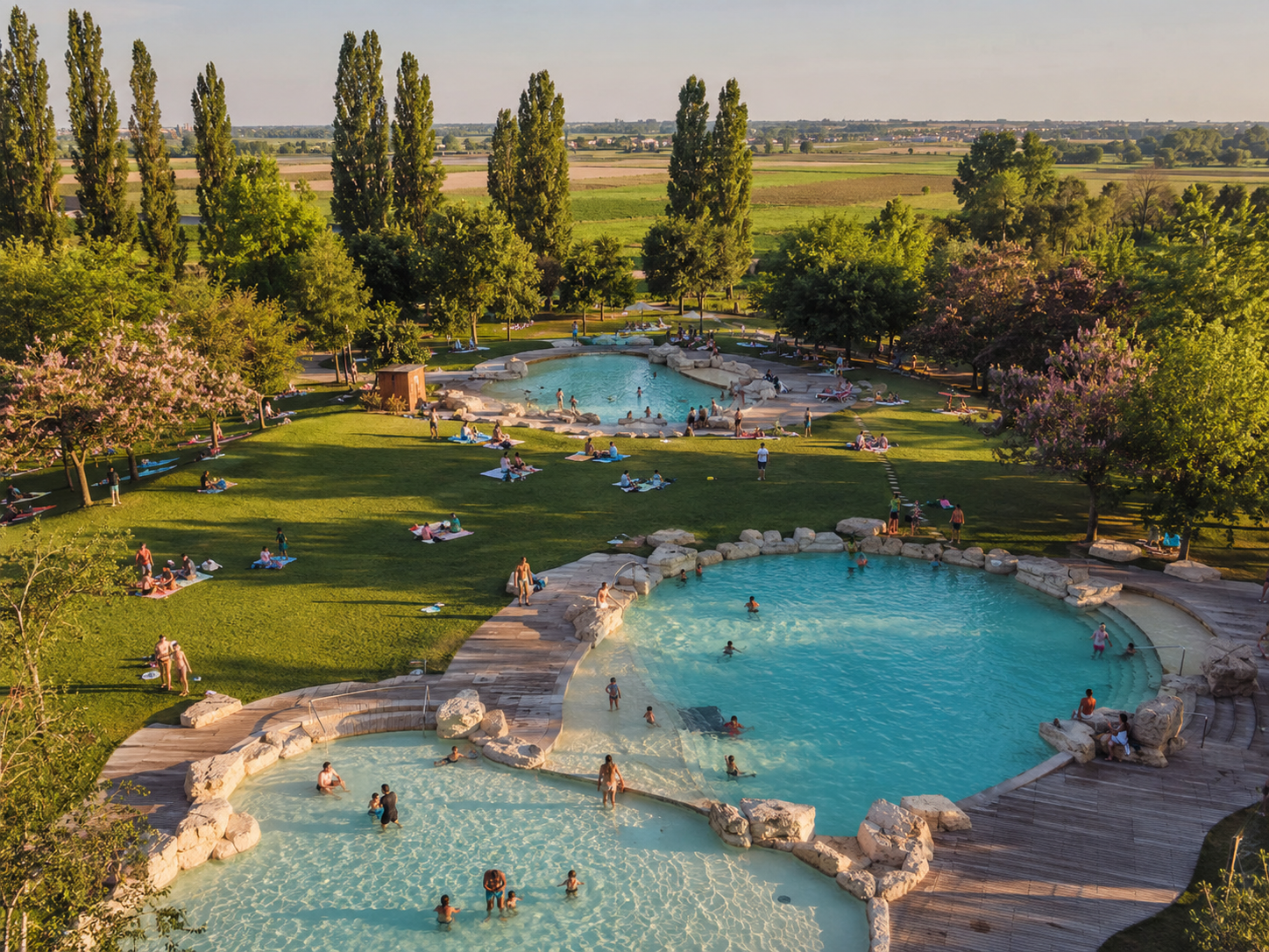 Il parco del Rivalta Green Village: il prato e le tre piscine viste dall'alto al tramonto