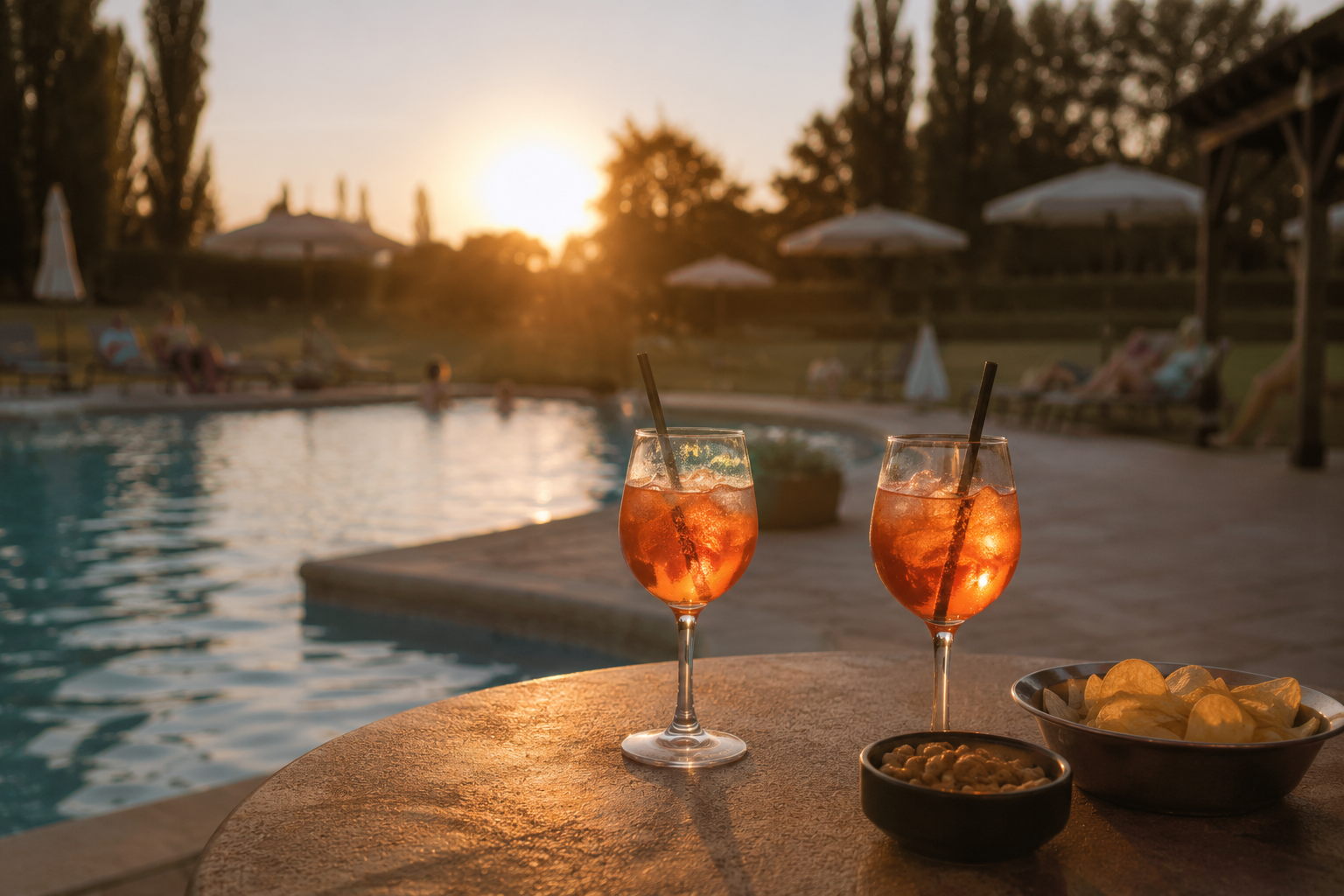 Aperitivo, spritz a bordo piscina al tramonto