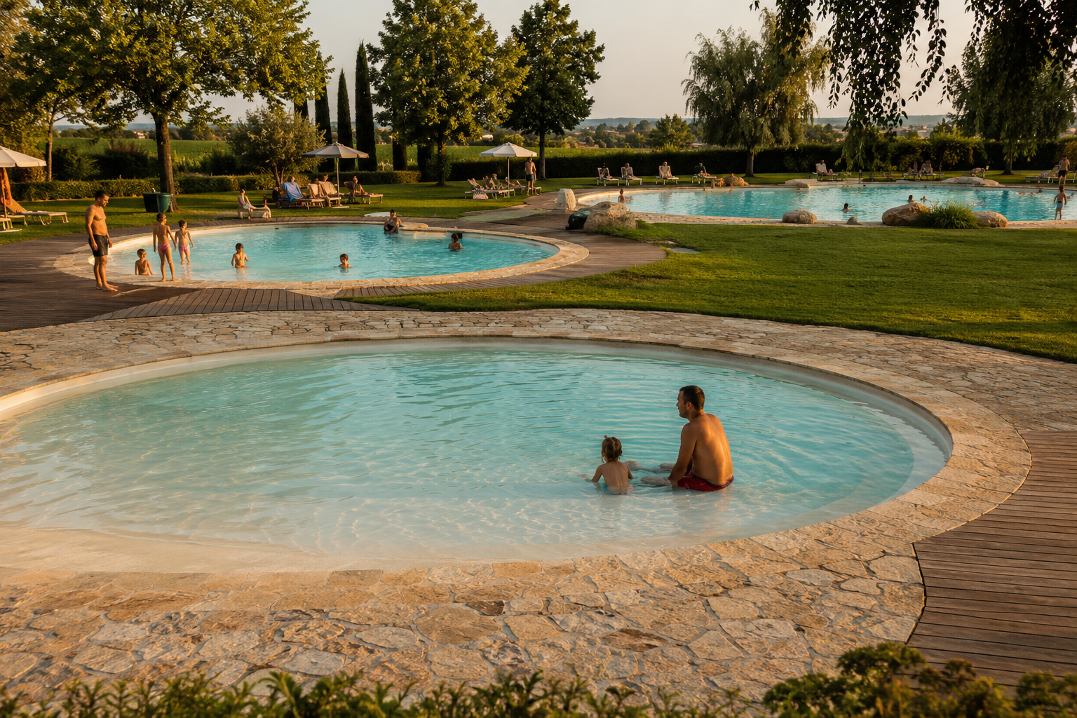 Le tre piscine, prato verde e ombrelloni