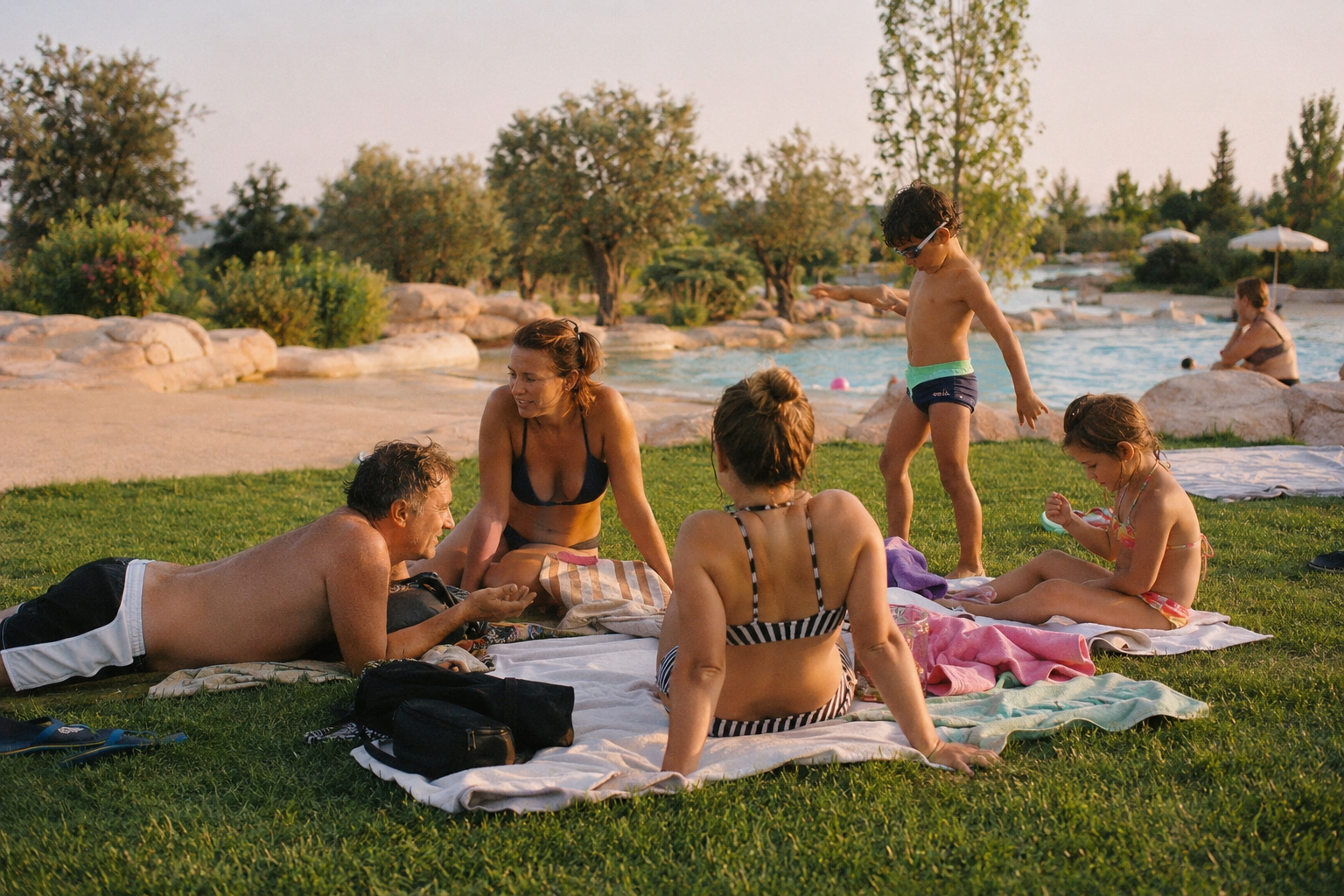 Famiglia di soci, relax sul prato vicino alle piscine