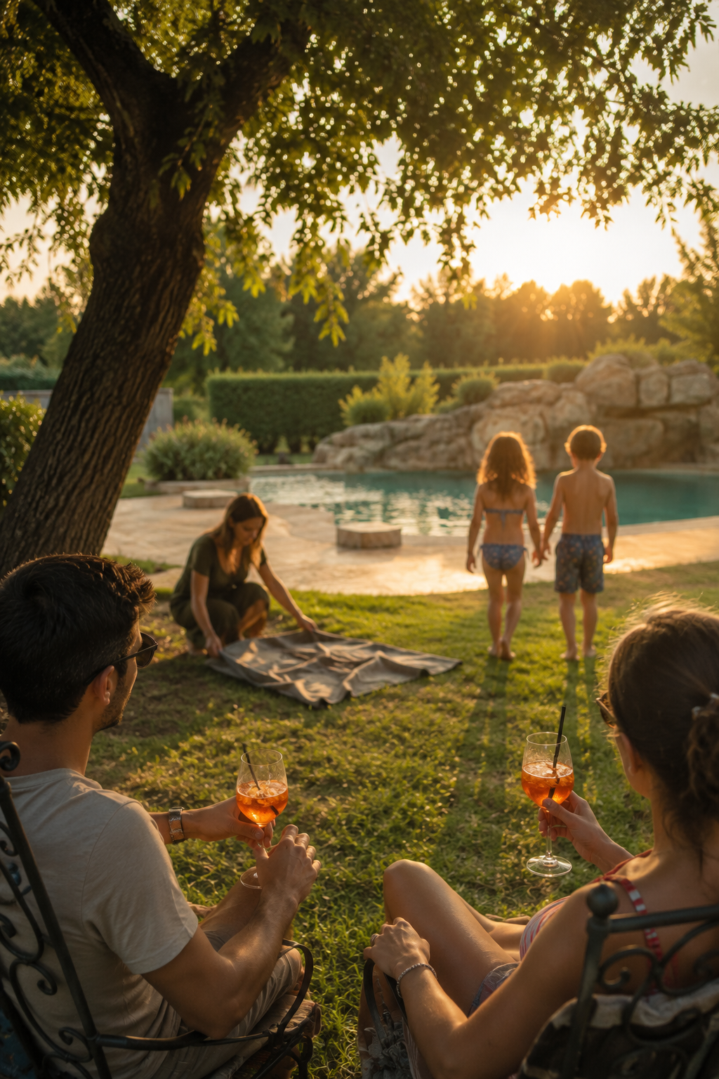 Aperitivo sul prato a bordo piscina al tramonto