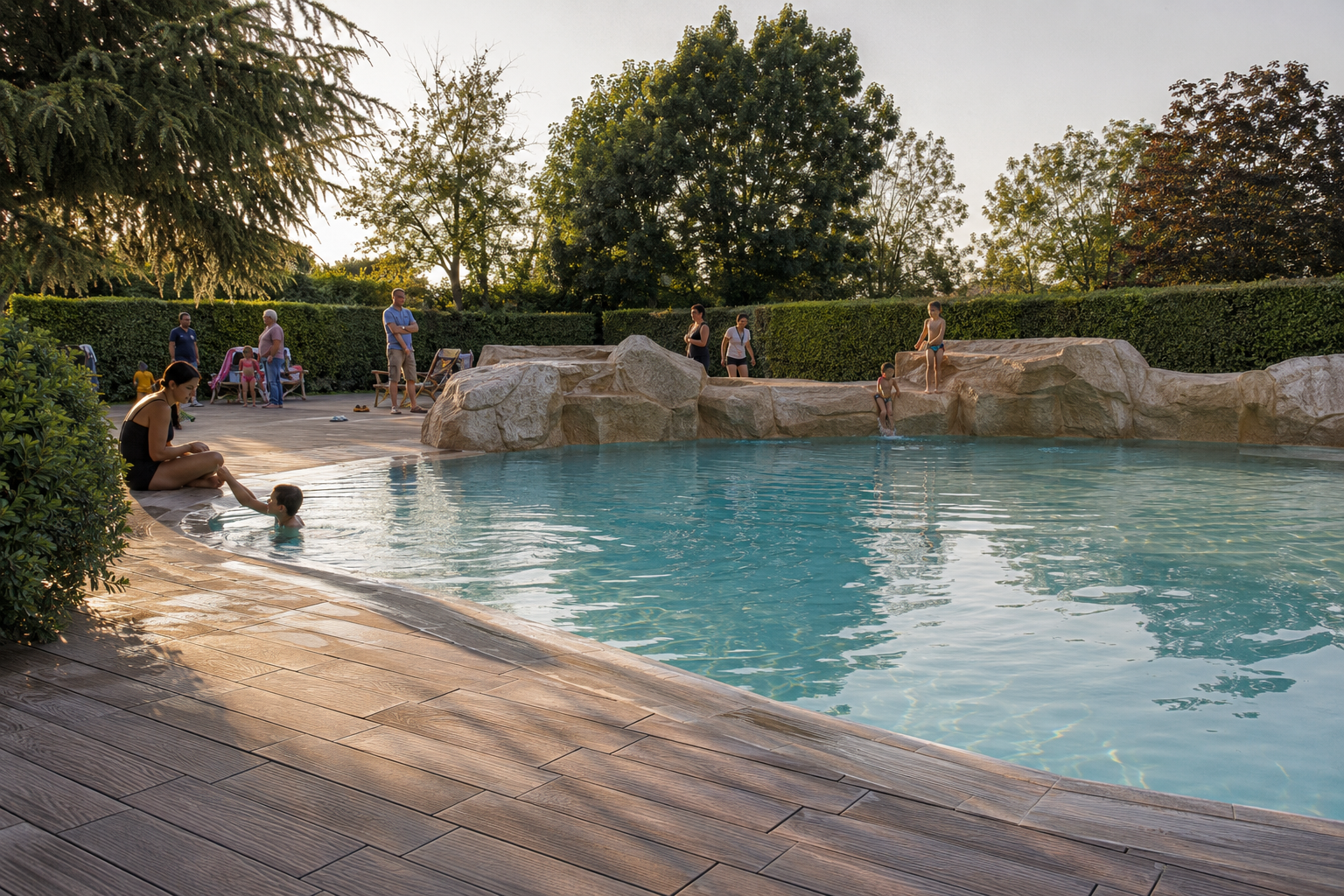 Le tre piscine e il prato del parco al tramonto