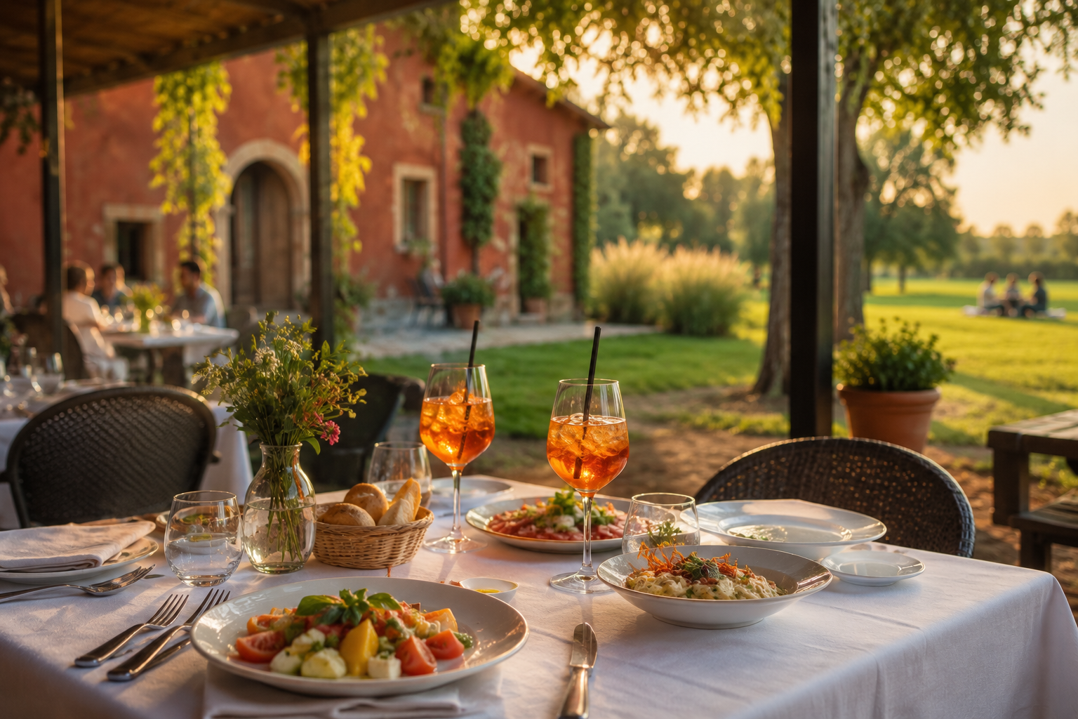 Tavola apparecchiata nel dehor al tramonto