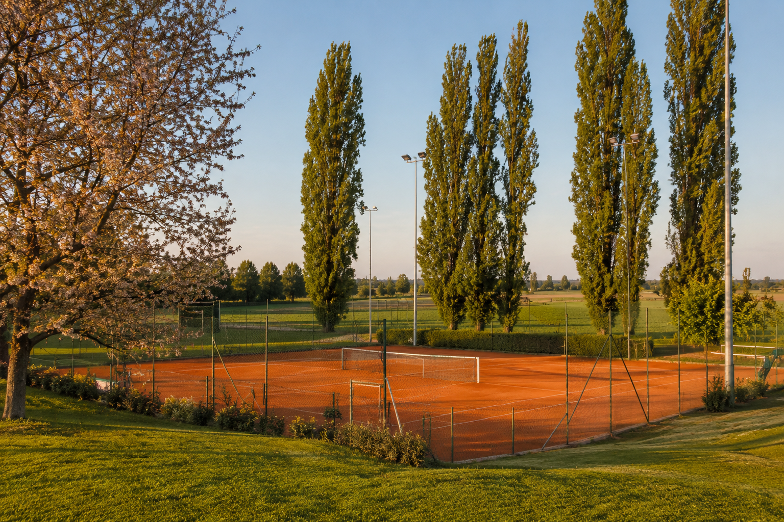 Campo da tennis in terra rossa tra i pioppi