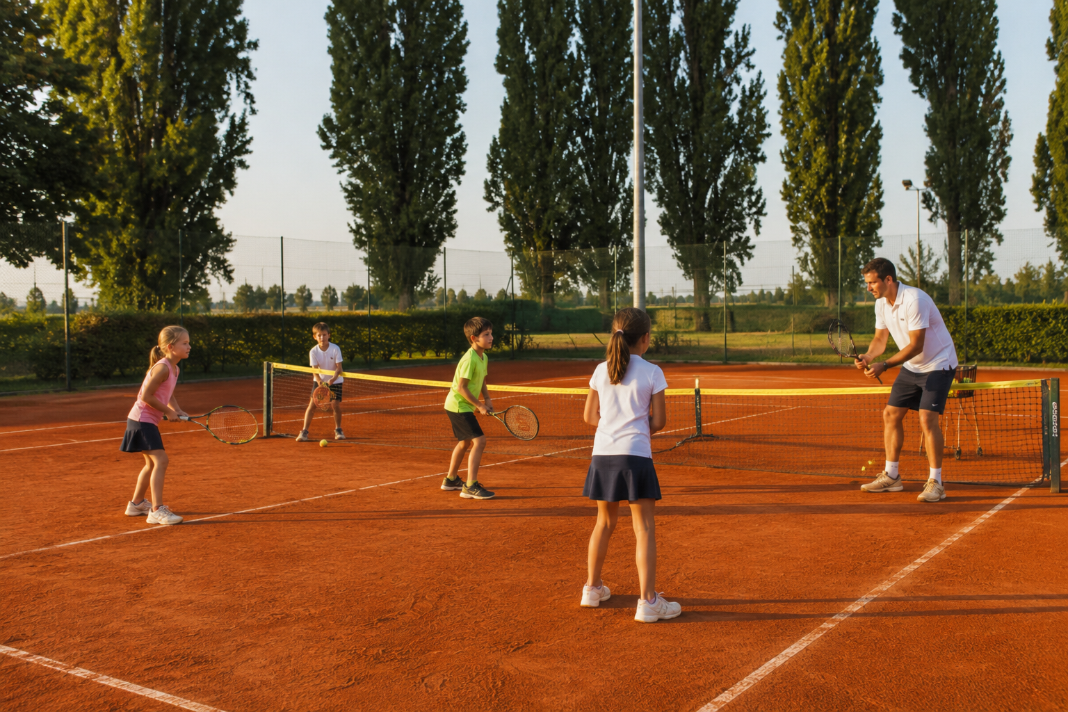 Scuola tennis, lezione di gruppo per bambini